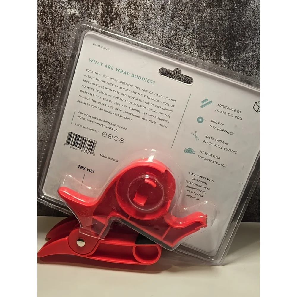 Wrap Buddies Gift Wrapping Paper Tool 2 Holder Clamps w/Tape Dispenser NEW(170)